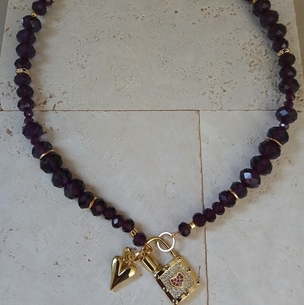 Gold Charm Necklace with Deep Purple Beads